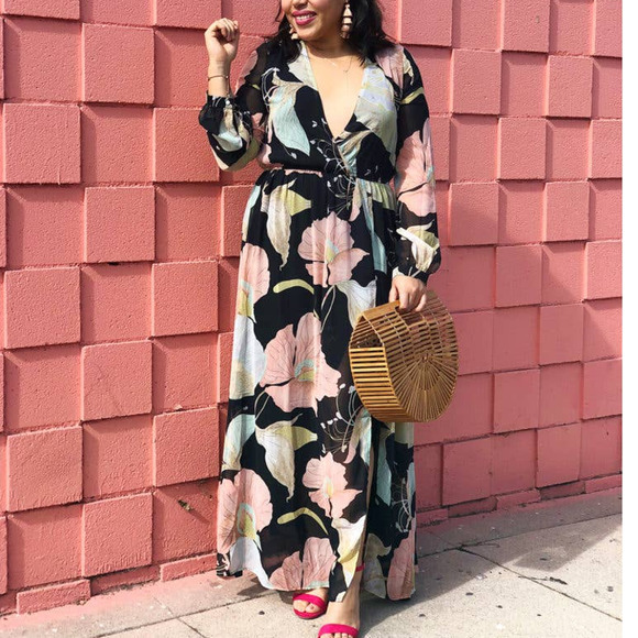 Lulus Dresses & Skirts - Lulus Wrap Maxi Dress XS Black Floral Print Wondrous Water Lilies Long Sleeve